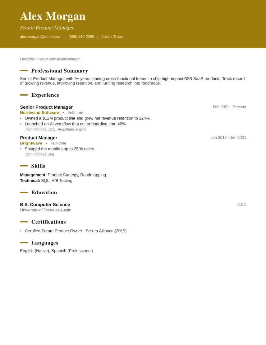 Premium Gold Executive resume template preview